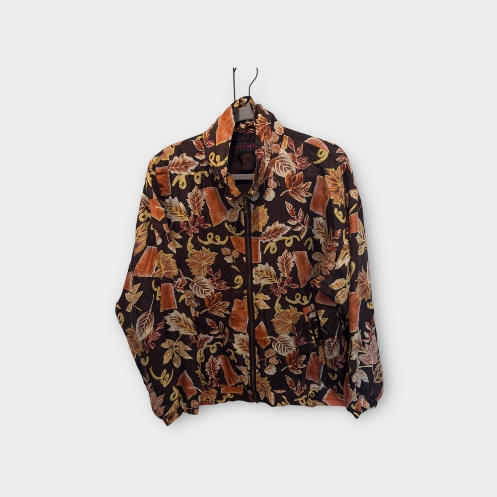 Studio Sportif Vintage 100% Silk‎ Leaf Print Zip Up Jacket Women's Size L